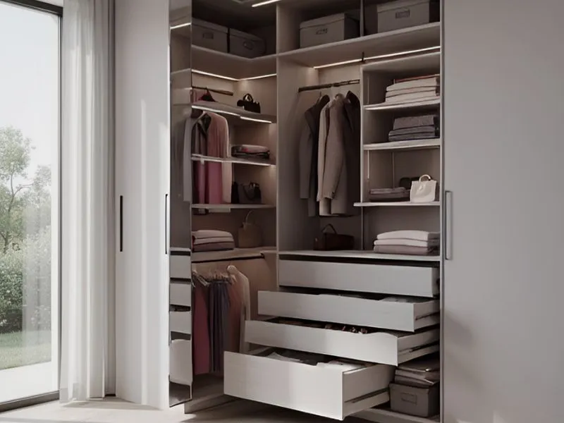 Beépített szekrény belső kialakítás - polcok és fiókrendszer